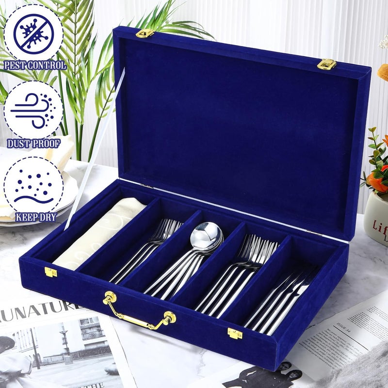 Pickmesh Silverware Case with Lid and Handle, Silverware Storage Box Sterling Silver Flatware Chest Without Silver Tarnish Proof Utensils Organizer for Kitchen Decor Wedding Gifts(Royal Blue,1 Layer) - Image 4
